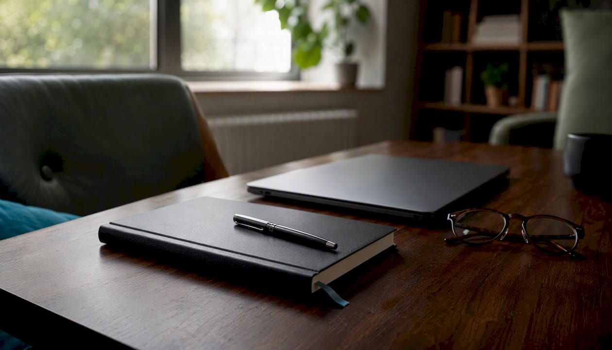 Workspace with notepad and pen for tracking metrics