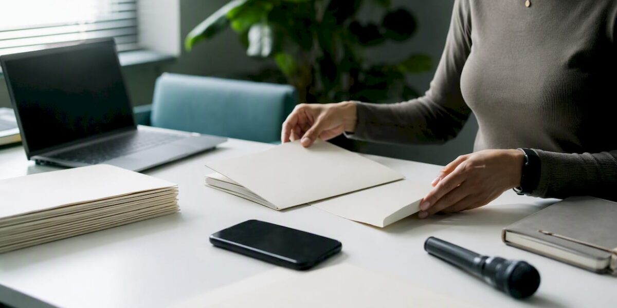Hands arranging press kit folders on desk