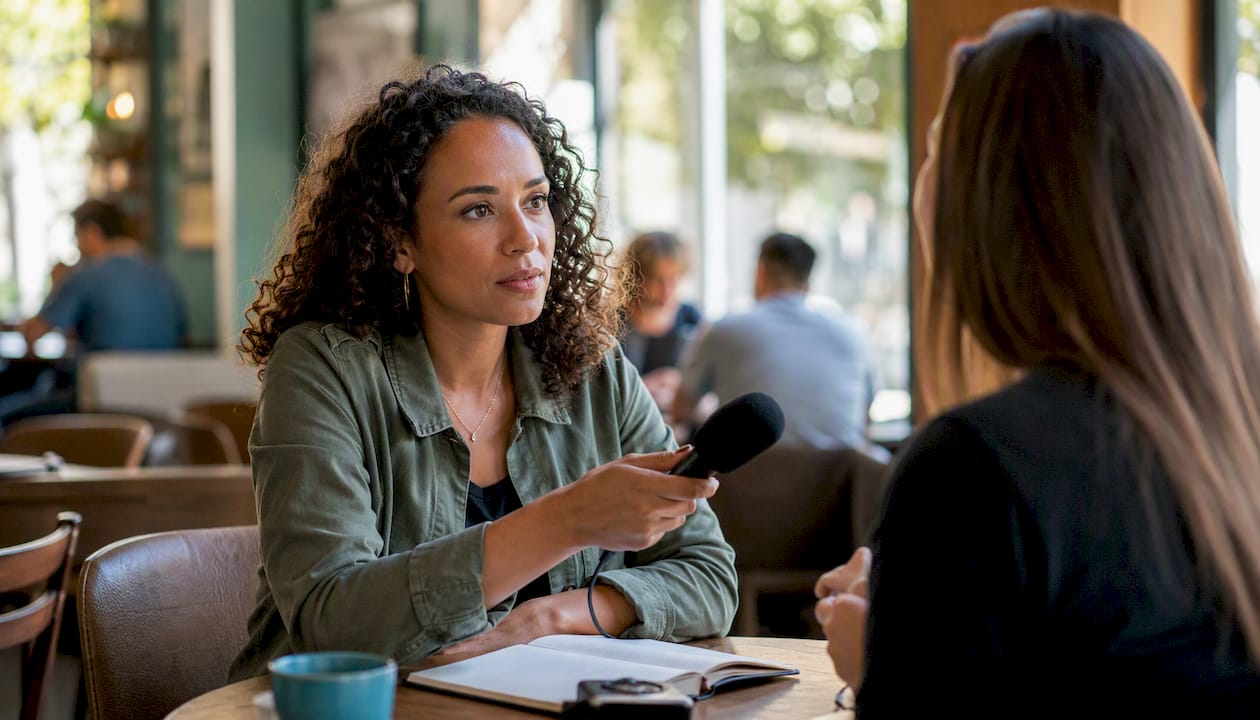 Close-up of microphone on interview table