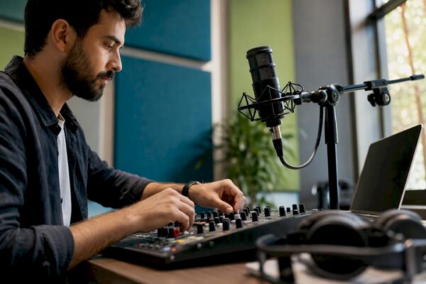 Audio mixer and microphone in radio studio