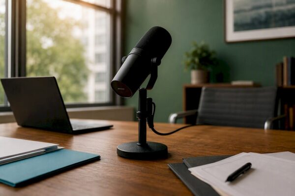 Professional microphone turned off on desk