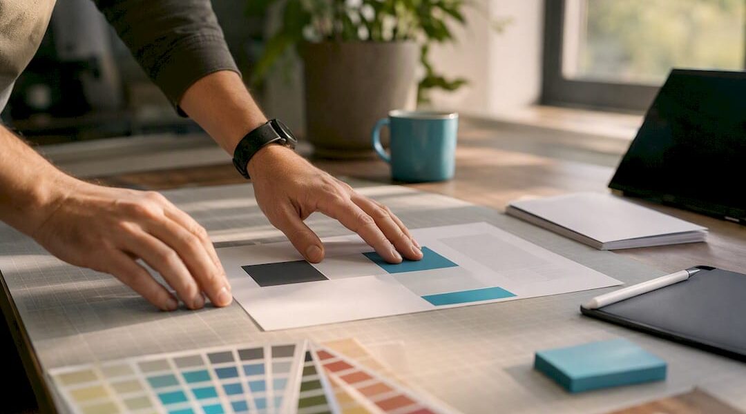 Hands arranging expert one sheet layout on desk