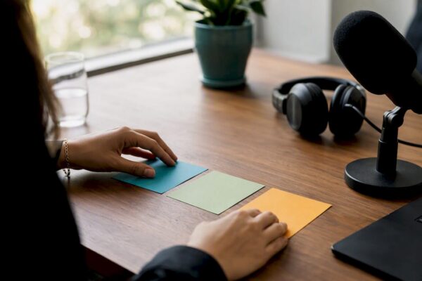 Hands arranging message map cards on desk