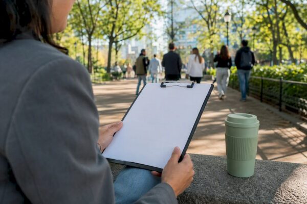 Hands holding press permit application outdoors