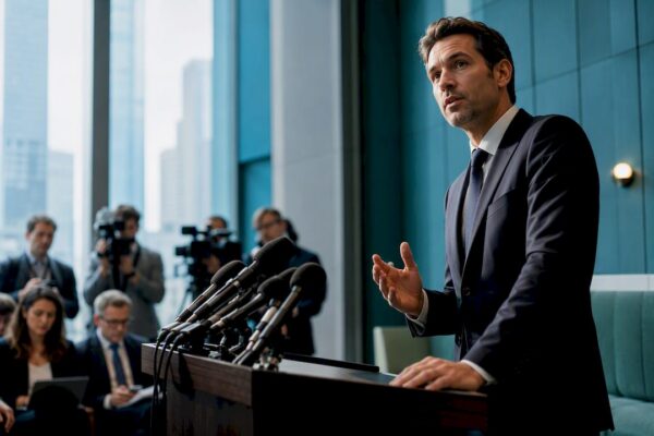 Attorney speaking at a press conference podium