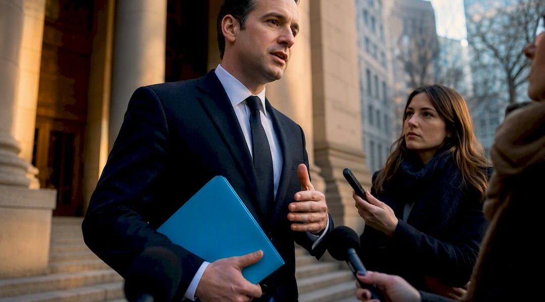 Defense attorney addressing reporters outside courthouse
