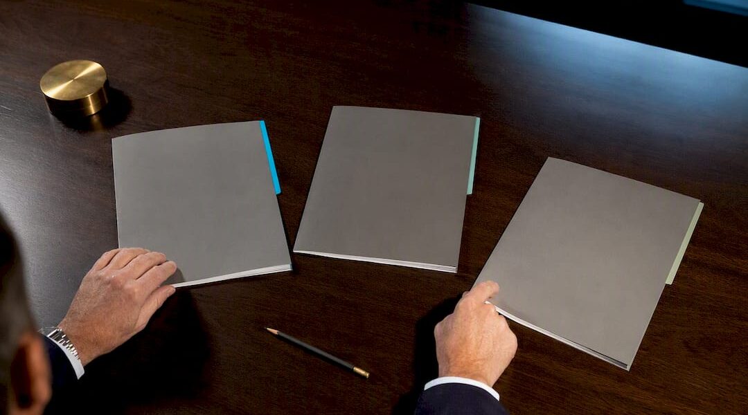 Judge reviewing organized legal award submissions