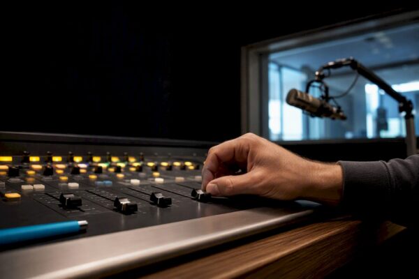 Radio producer adjusting broadcast studio controls
